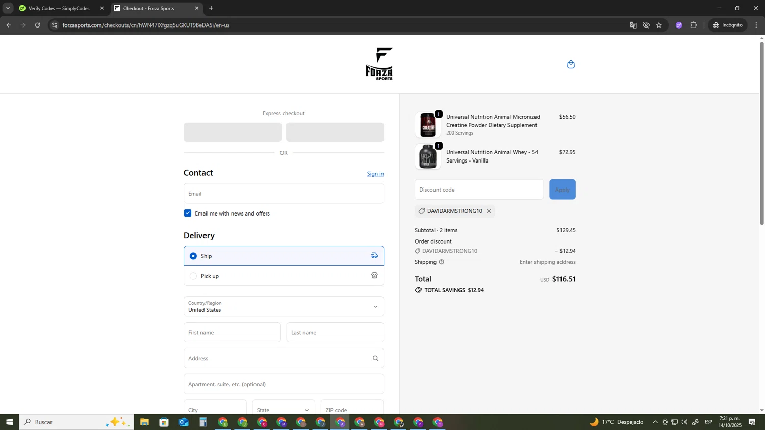 Forza Sports discount code screenshot showing code Davidarmstrong10 applied at Forza Sports checkout page. Uploaded by SimplyCodes community member SAKURA on Oct 15, 2025