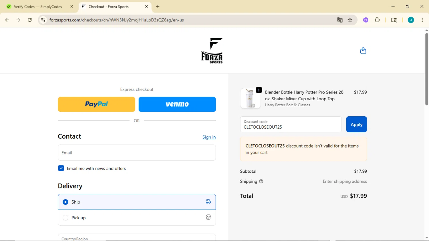 Forza Sports discount code screenshot showing code CLETOCLOSEOUT25 applied at Forza Sports checkout page. Uploaded by SimplyCodes community member GoldDefender3268 on Sep 25, 2025