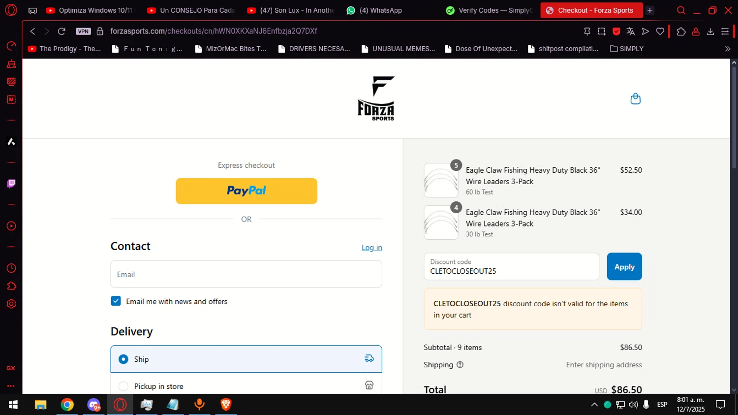 Forza Sports discount code screenshot showing code CLETOCLOSEOUT25 applied at Forza Sports checkout page. Uploaded by SimplyCodes community member Anteserachido on Jul 12, 2025
