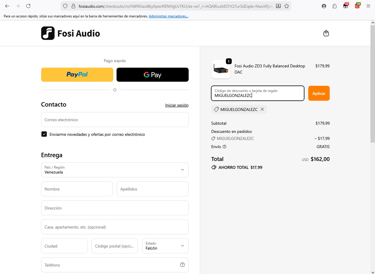 Fosi Audio discount code screenshot showing code MIGUELGONZALEZC applied at Fosi Audio checkout page. Uploaded by SimplyCodes community member CleverFox1674 on Nov 22, 2025