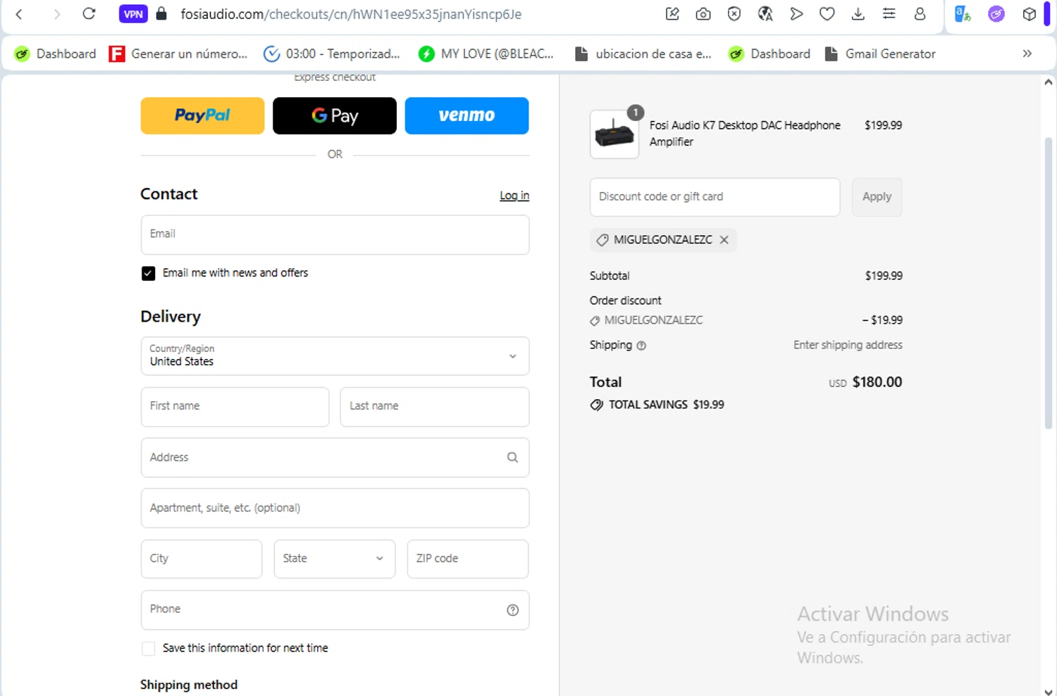 Fosi Audio discount code screenshot showing code MIGUELGONZALEZC applied at Fosi Audio checkout page. Uploaded by SimplyCodes community member Francisco01 on Aug 10, 2025