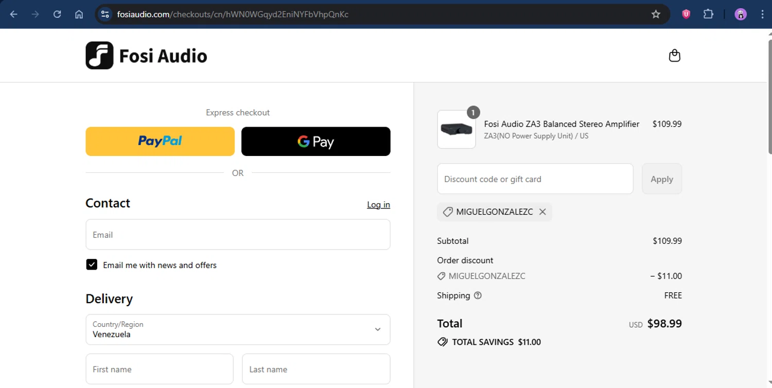 Fosi Audio discount code screenshot showing code MIGUELGONZALEZC applied at Fosi Audio checkout page. Uploaded by SimplyCodes community member rapc3030 on Jul 12, 2025