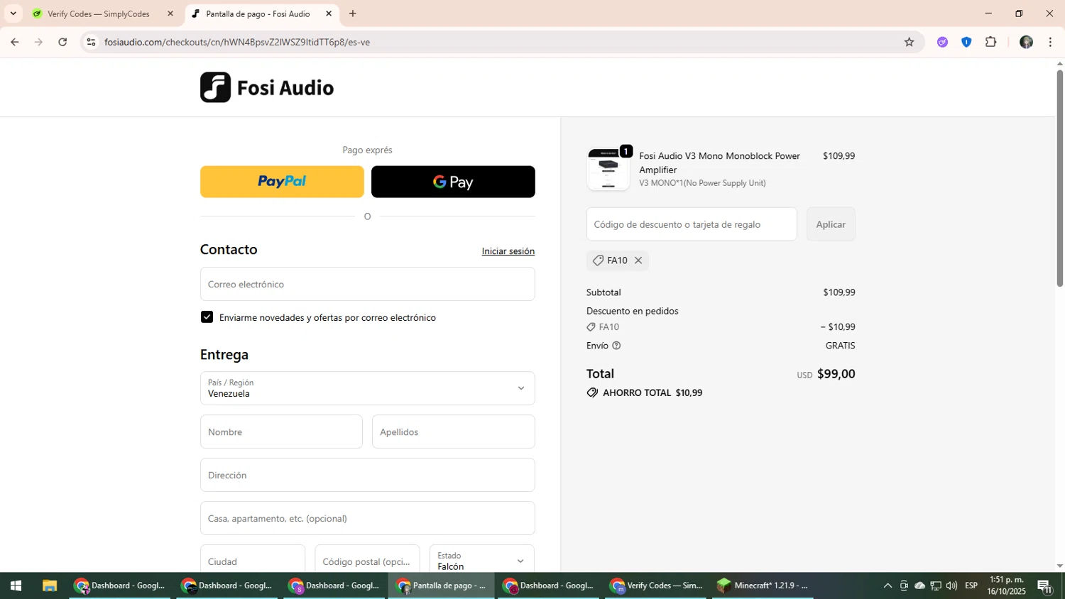 Fosi Audio discount code screenshot showing code FA10 applied at Fosi Audio checkout page. Uploaded by SimplyCodes community member CleverLynx6871 on Oct 16, 2025