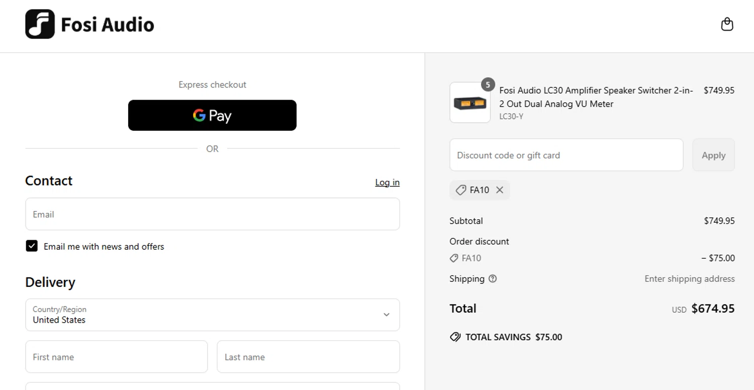 Fosi Audio discount code screenshot showing code FA10 applied at Fosi Audio checkout page. Uploaded by SimplyCodes community member FundoSinai on Jun 17, 2025