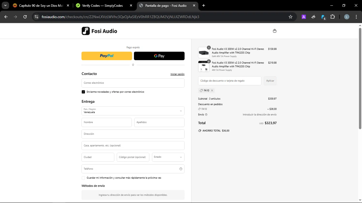 Fosi Audio discount code screenshot showing code FA10 applied at Fosi Audio checkout page. Uploaded by SimplyCodes community member JuanChi on Mar 24, 2025