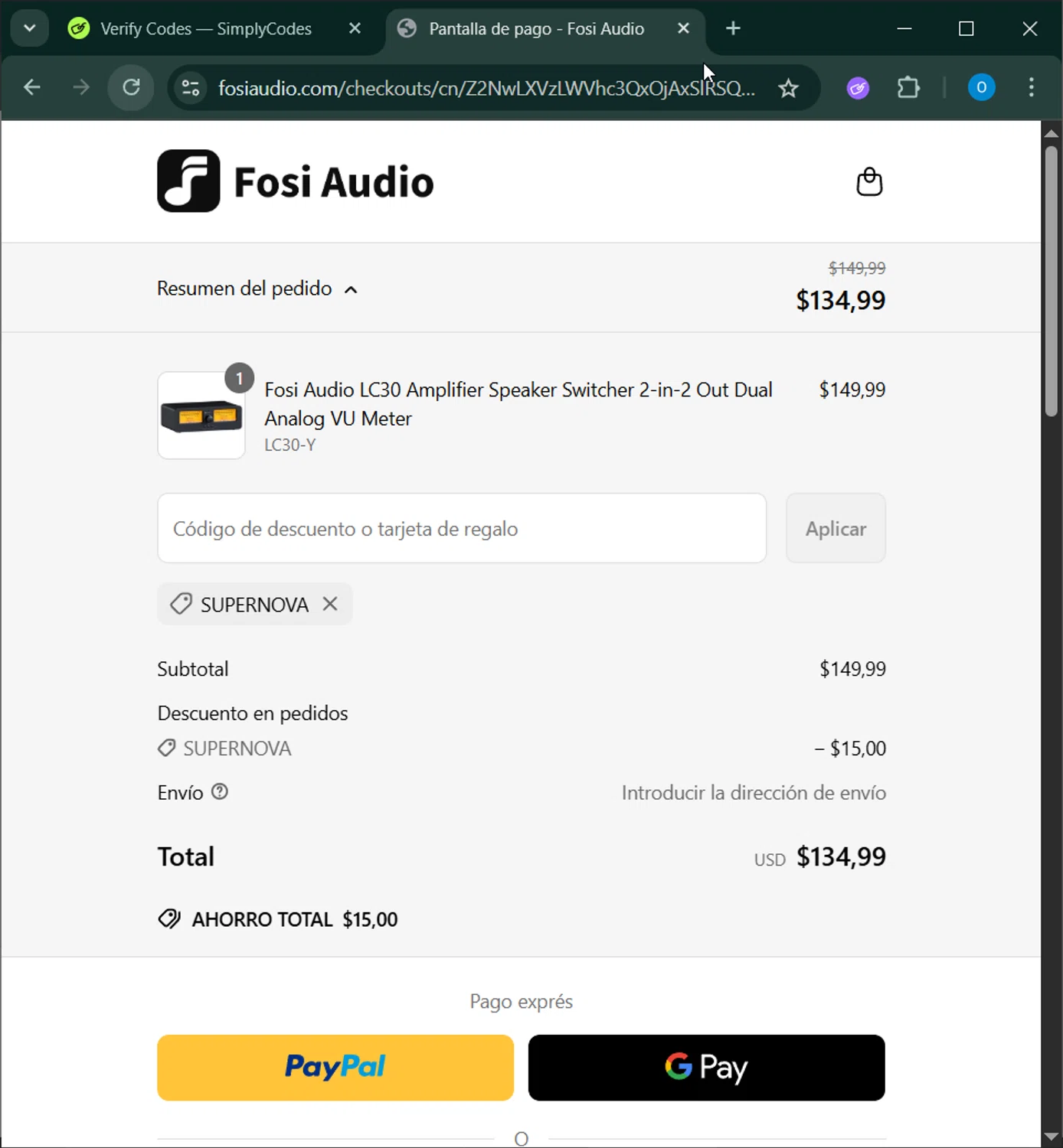 Fosi Audio discount code screenshot showing code SUPERNOVA applied at Fosi Audio checkout page. Uploaded by SimplyCodes community member _____________ on May 8, 2025
