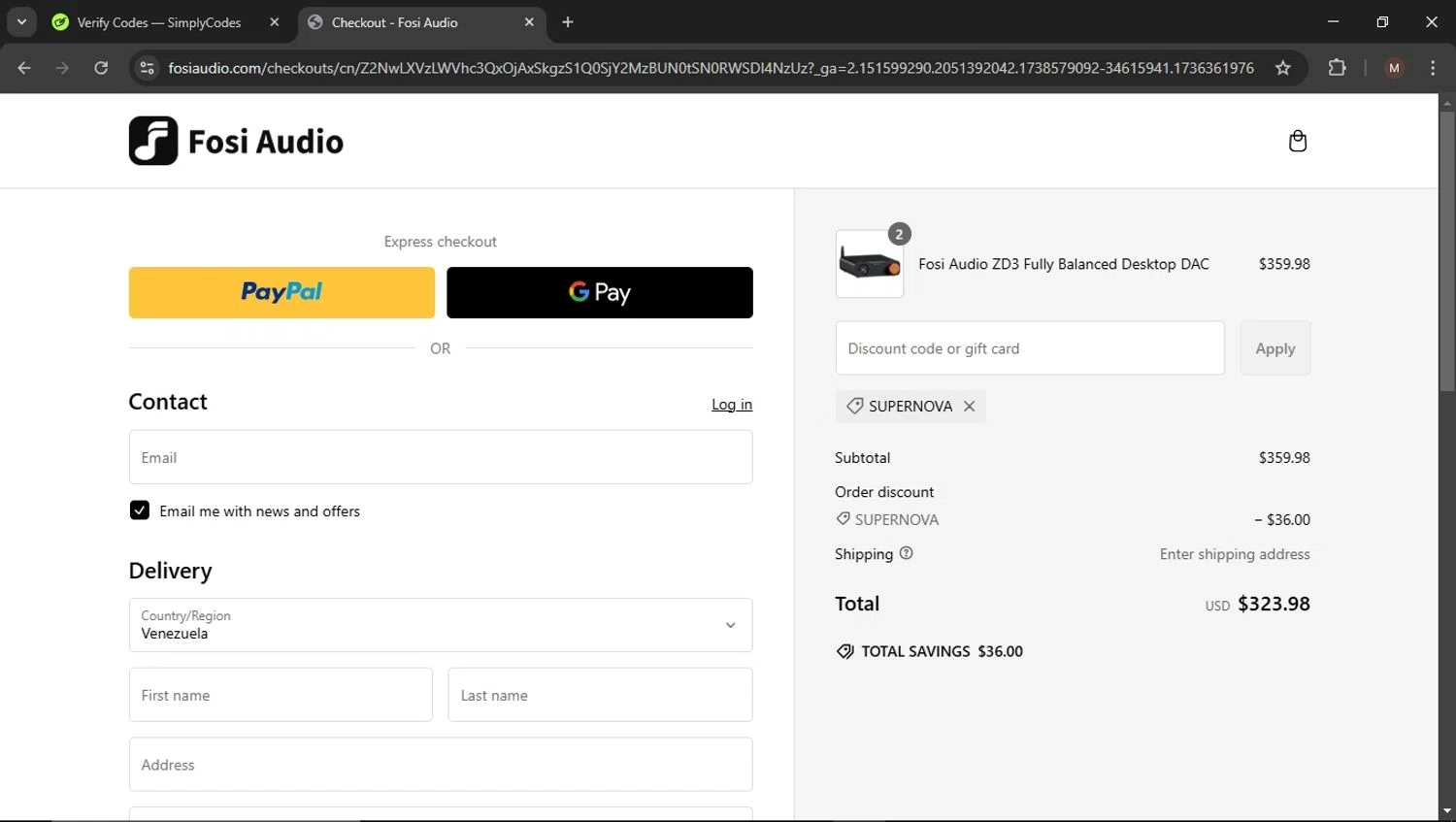 Fosi Audio discount code screenshot showing code SUPERNOVA applied at Fosi Audio checkout page. Uploaded by SimplyCodes community member SaleSentinel3142 on Feb 3, 2025