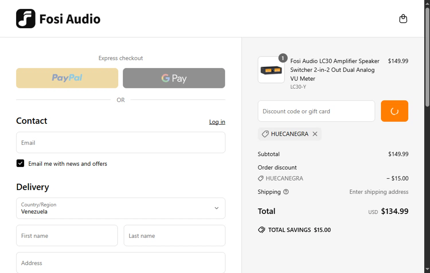 Fosi Audio discount code screenshot showing code HUECANEGRA applied at Fosi Audio checkout page. Uploaded by SimplyCodes community member MagnificentFalcon188 on Jun 5, 2025