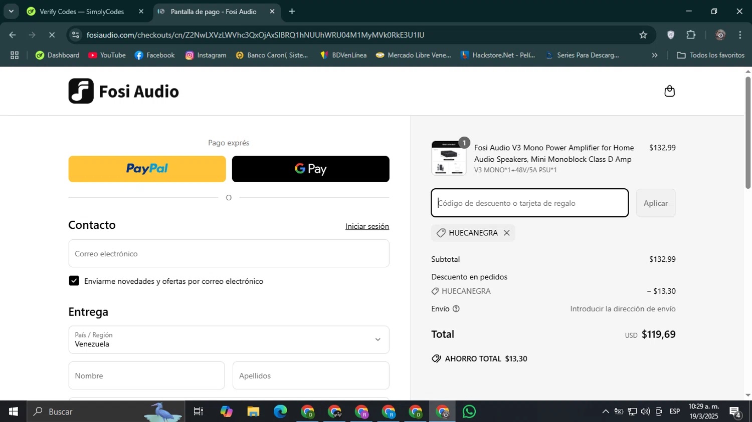 Fosi Audio discount code screenshot showing code HUECANEGRA applied at Fosi Audio checkout page. Uploaded by SimplyCodes community member Mroctober06 on Mar 19, 2025