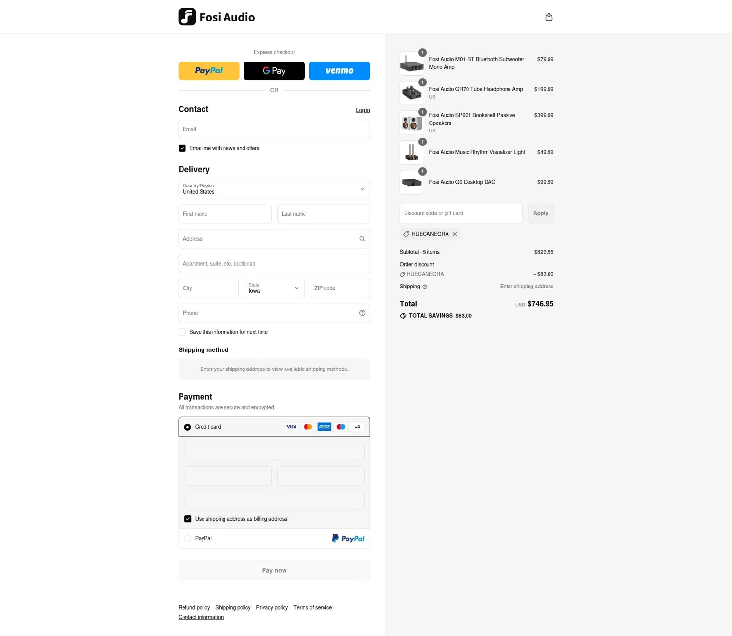 Fosi Audio discount code screenshot showing code HUECANEGRA applied at Fosi Audio checkout page. Uploaded by SimplyCodes community member ValiantHero2365 on Jul 20, 2025