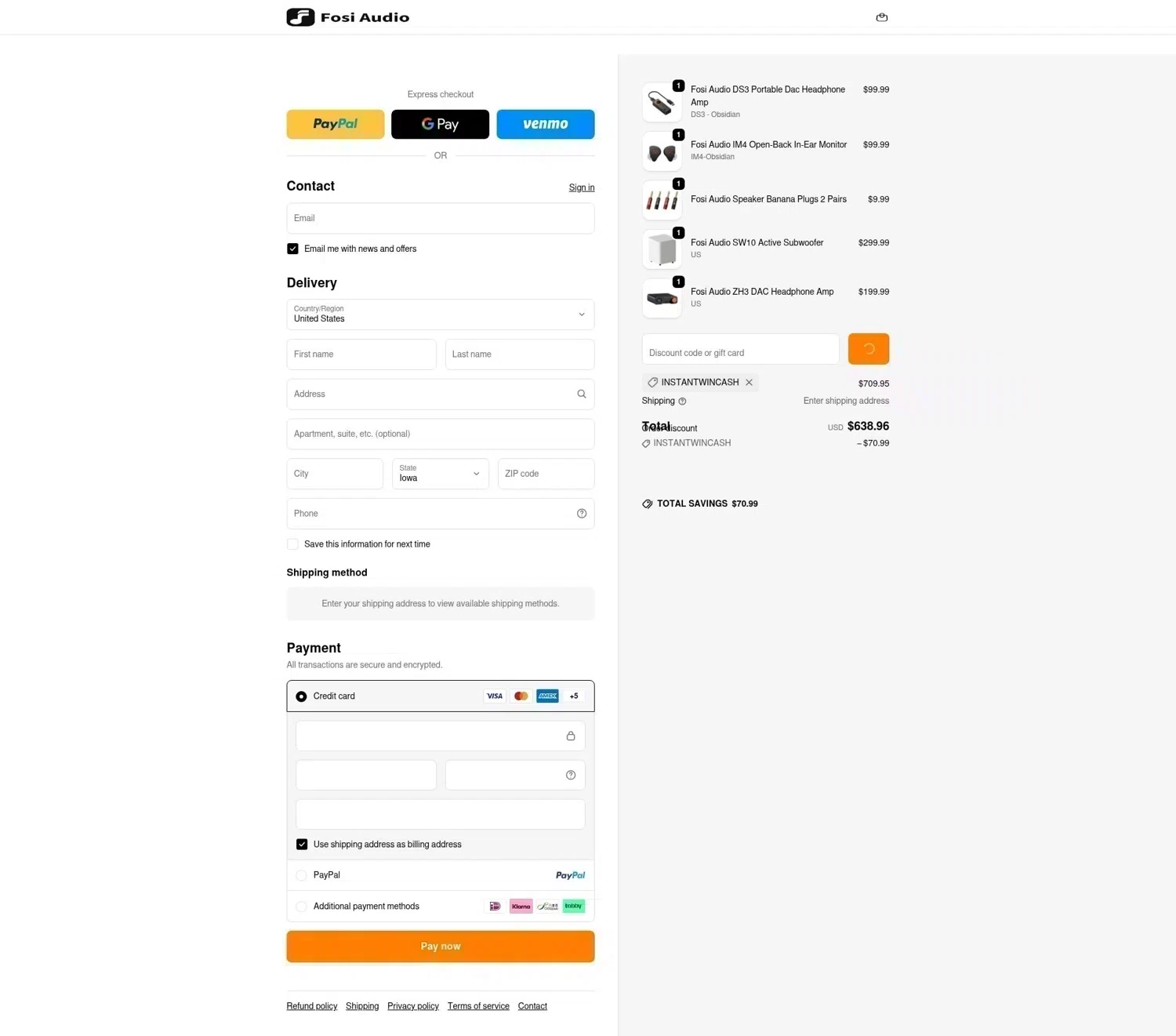 Fosi Audio discount code screenshot showing code instantwincash applied at Fosi Audio checkout page. Uploaded by SimplyCodes community member LOgoter on Jan 5, 2026