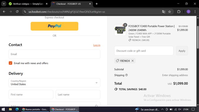 Fossibot checkout page showing Fossibot promo code box | Screenshot taken by SimplyCodes community member on Sep 7, 2025