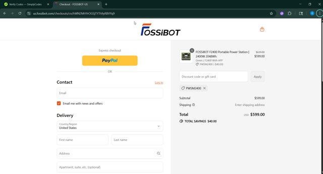Fossibot checkout page showing Fossibot promo code box | Screenshot taken by SimplyCodes community member on Aug 29, 2025