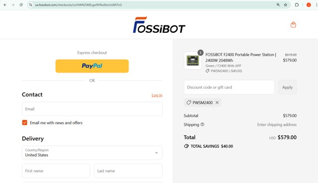 Fossibot checkout page showing Fossibot promo code box | Screenshot taken by SimplyCodes community member on Sep 2, 2025
