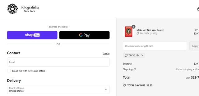 Fotografiska checkout page showing Fotografiska promo code box | Screenshot taken by SimplyCodes community member on May 20, 2025