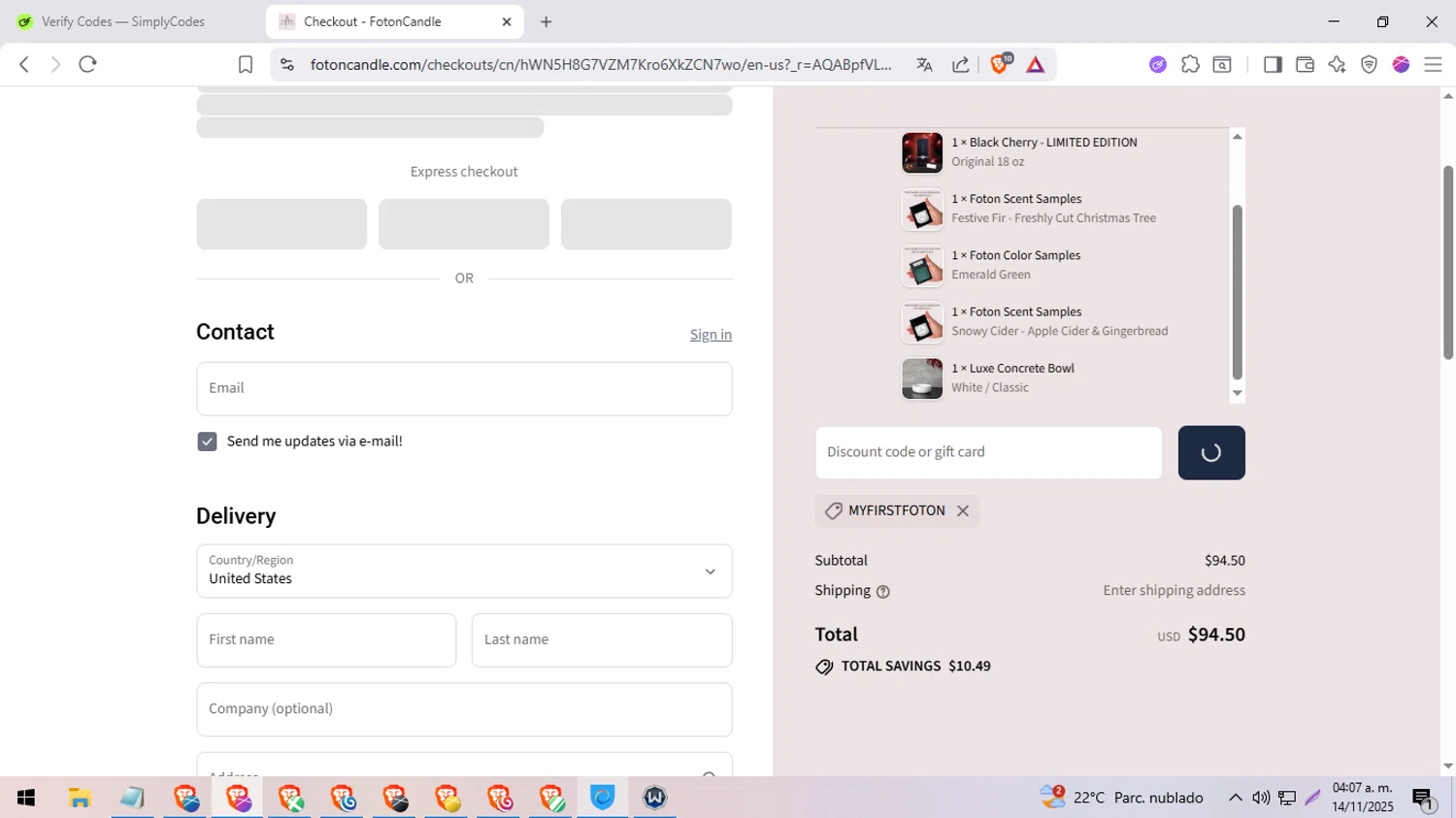 FotonCandle promo code screenshot showing code MyFirstFoton applied at FotonCandle checkout page. Uploaded by SimplyCodes community member BargainExpert9390 on Nov 14, 2025