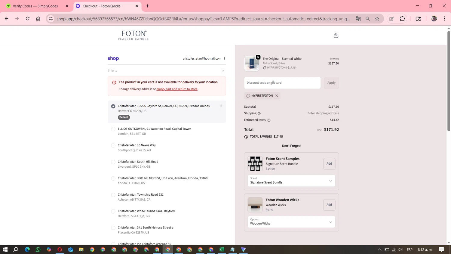 FotonCandle promo code screenshot showing code MyFirstFoton applied at FotonCandle checkout page. Uploaded by SimplyCodes community member DavGutFig on Oct 14, 2025