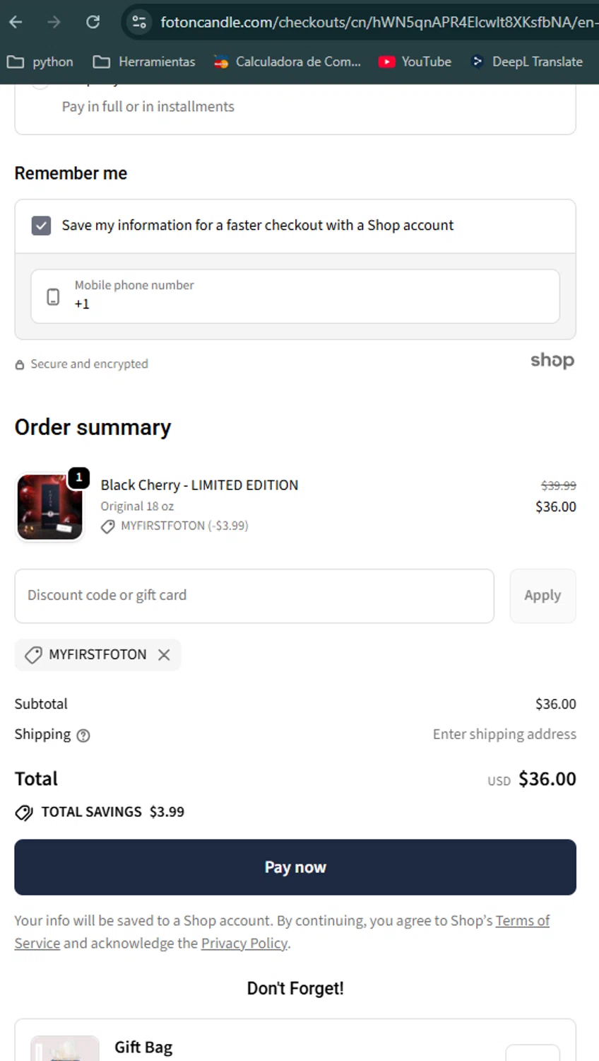 FotonCandle promo code screenshot showing code MyFirstFoton applied at FotonCandle checkout page. Uploaded by SimplyCodes community member Maocar on Nov 29, 2025