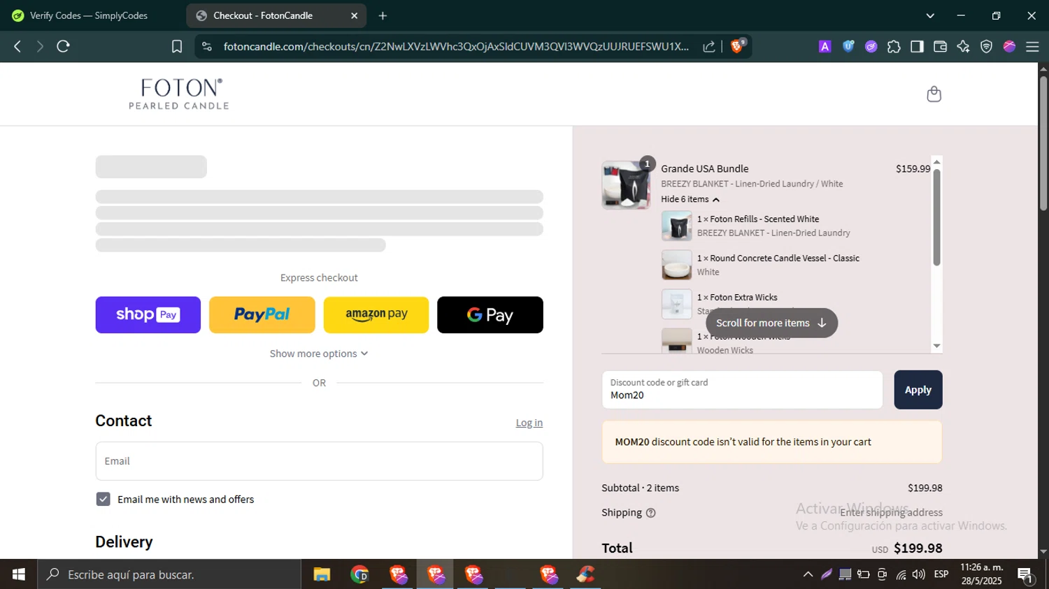 FotonCandle promo code screenshot showing code Mom20 applied at FotonCandle checkout page. Uploaded by SimplyCodes community member TokenTitan4464 on May 28, 2025