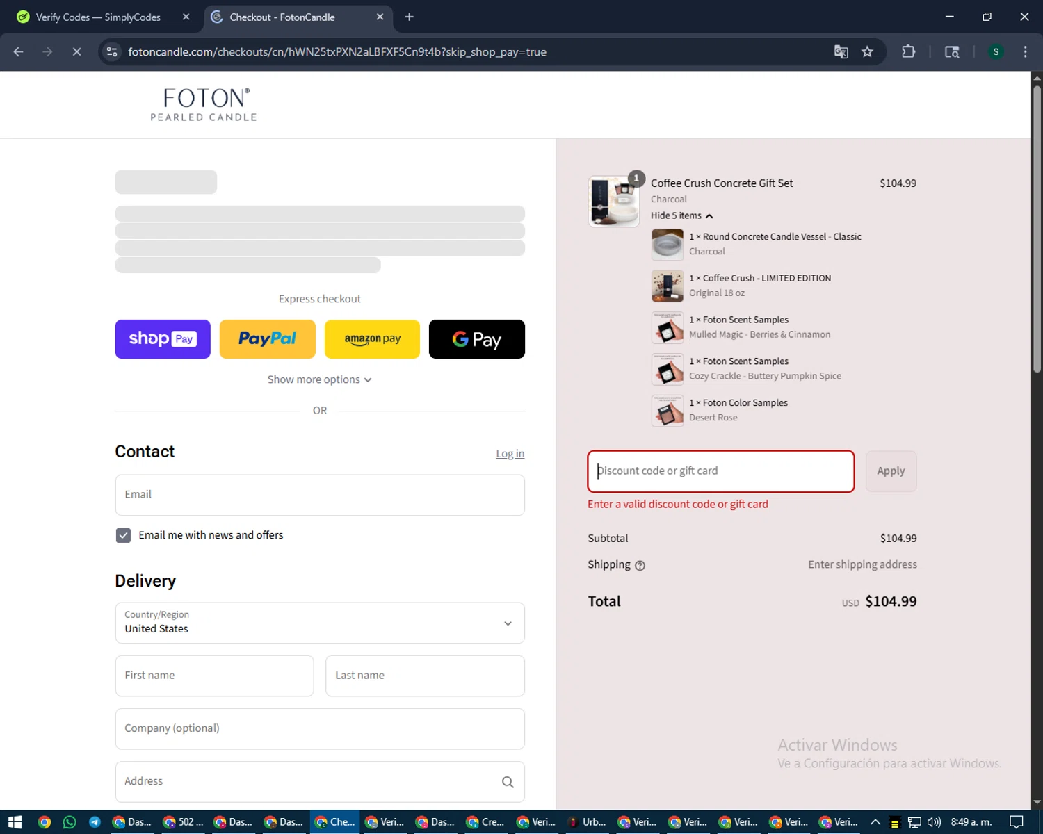 FotonCandle promo code screenshot showing code HONEY10 applied at FotonCandle checkout page. Uploaded by SimplyCodes community member lilMosey on Aug 22, 2025