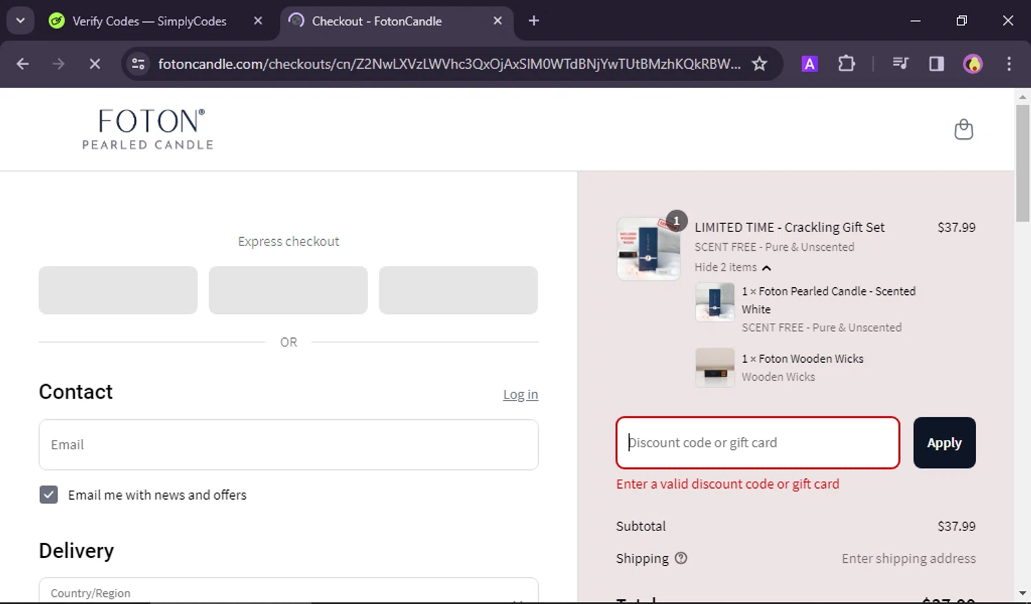 FotonCandle promo code screenshot showing code CODE10 applied at FotonCandle checkout page. Uploaded by SimplyCodes community member Franklin1 on Apr 18, 2025