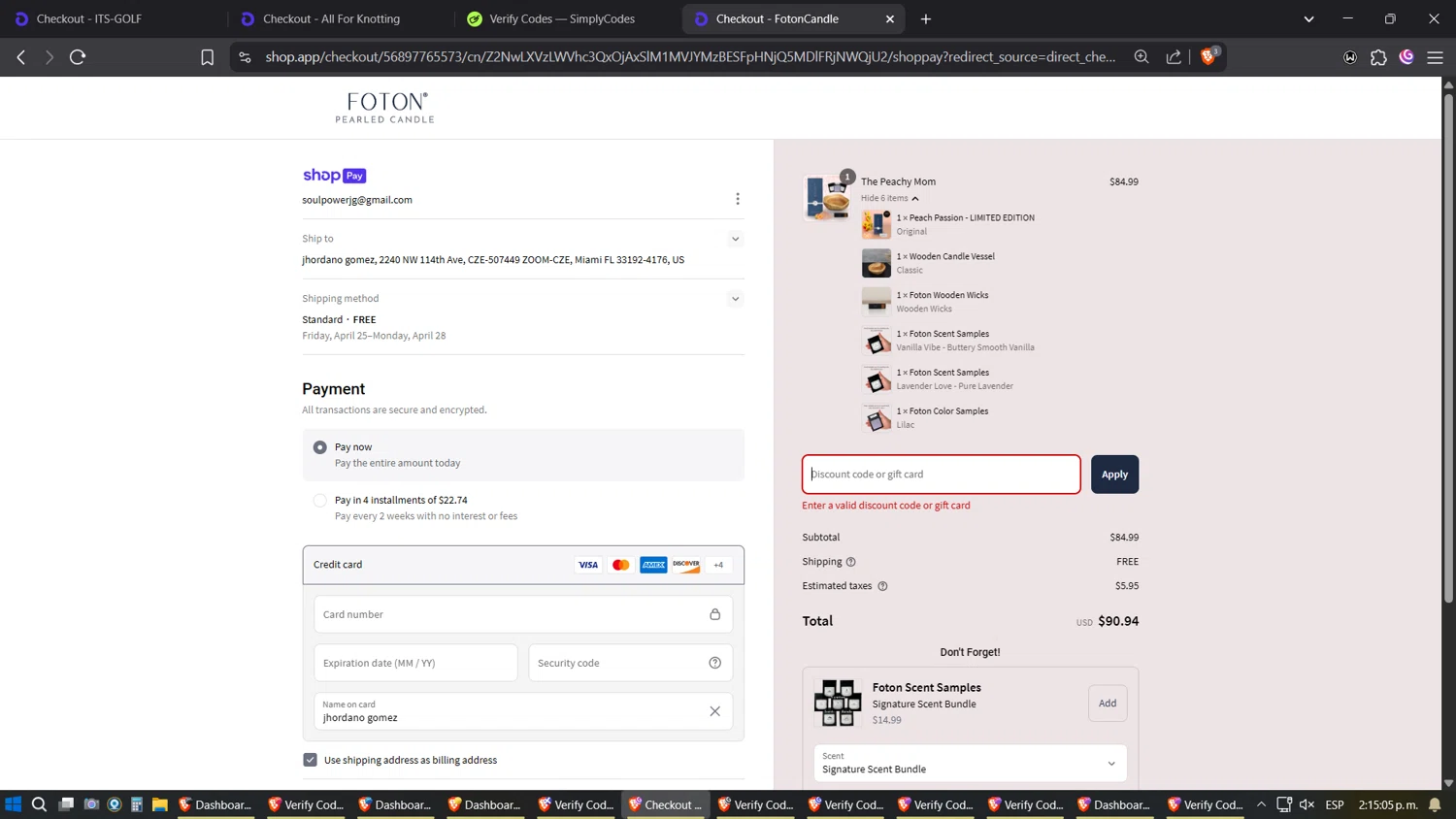 FotonCandle promo code screenshot showing code CODE10 applied at FotonCandle checkout page. Uploaded by SimplyCodes community member Phoenix on Apr 18, 2025