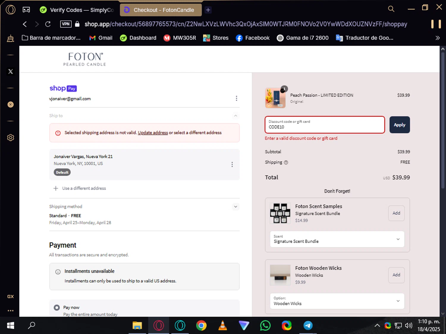 FotonCandle promo code screenshot showing code CODE10 applied at FotonCandle checkout page. Uploaded by SimplyCodes community member Jonaiver on Apr 18, 2025