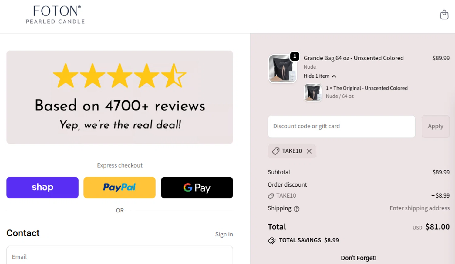 FotonCandle promo code screenshot showing code TAKE10 applied at FotonCandle checkout page. Uploaded by SimplyCodes community member eithanmilas on Dec 30, 2025