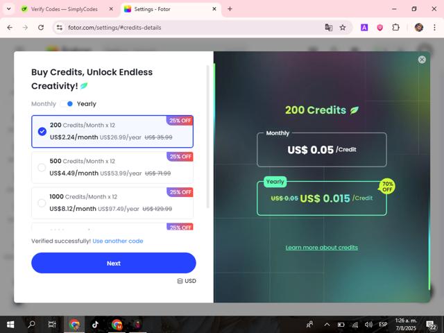Fotor checkout page showing Fotor promo code box | Screenshot taken by SimplyCodes community member on Aug 7, 2025
