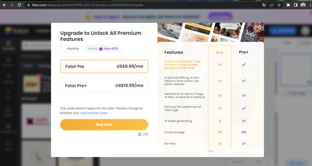 Fotor checkout page showing Fotor promo code box | Screenshot taken by SimplyCodes community member on Aug 11, 2025