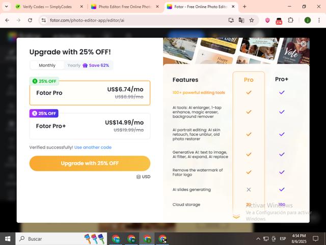 Fotor checkout page showing Fotor promo code box | Screenshot taken by SimplyCodes community member on Aug 6, 2025