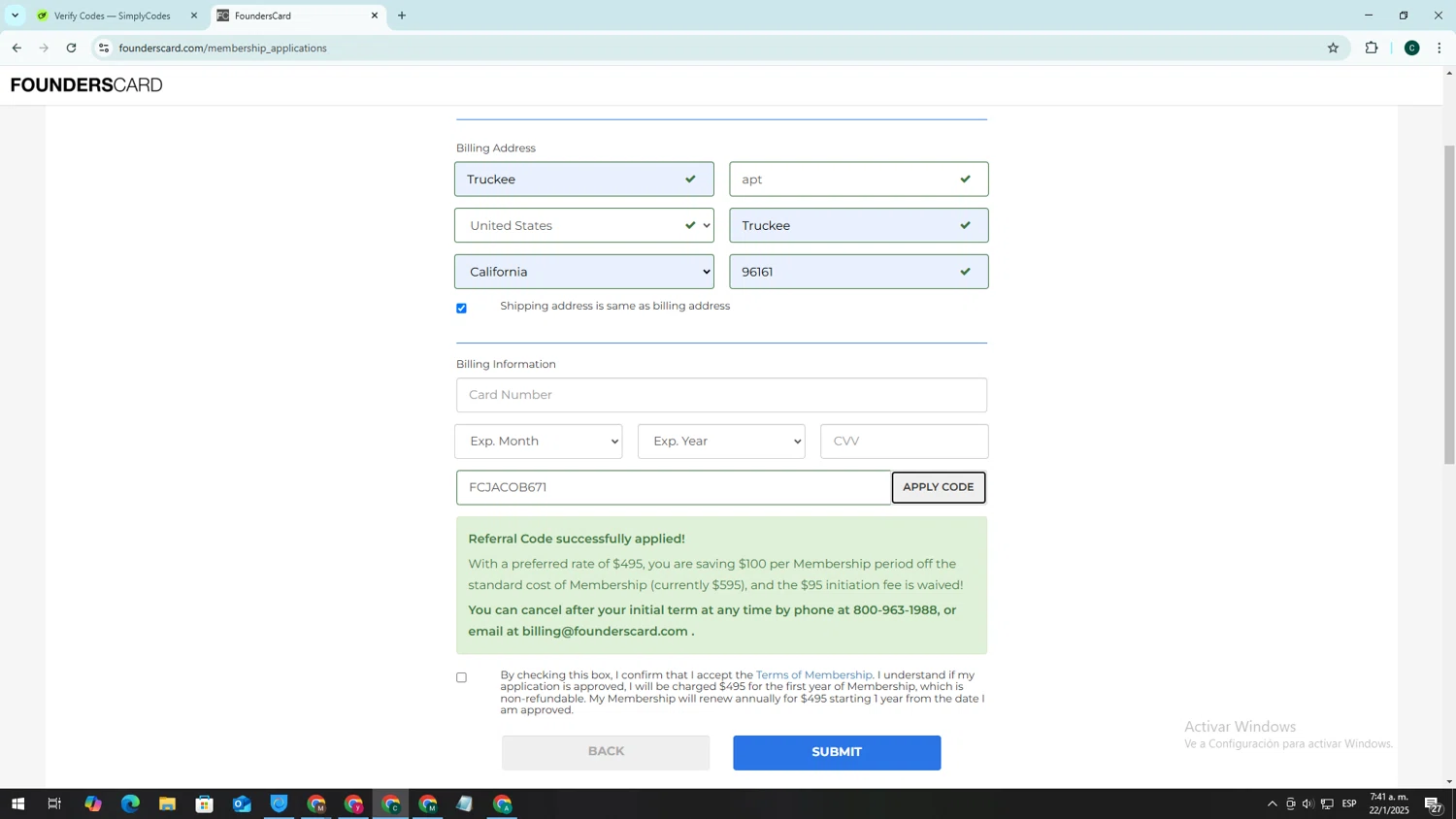 FoundersCard promo code screenshot showing code FCJACOB671 applied at FoundersCard checkout page. Uploaded by SimplyCodes community member neygoot on Jan 22, 2025