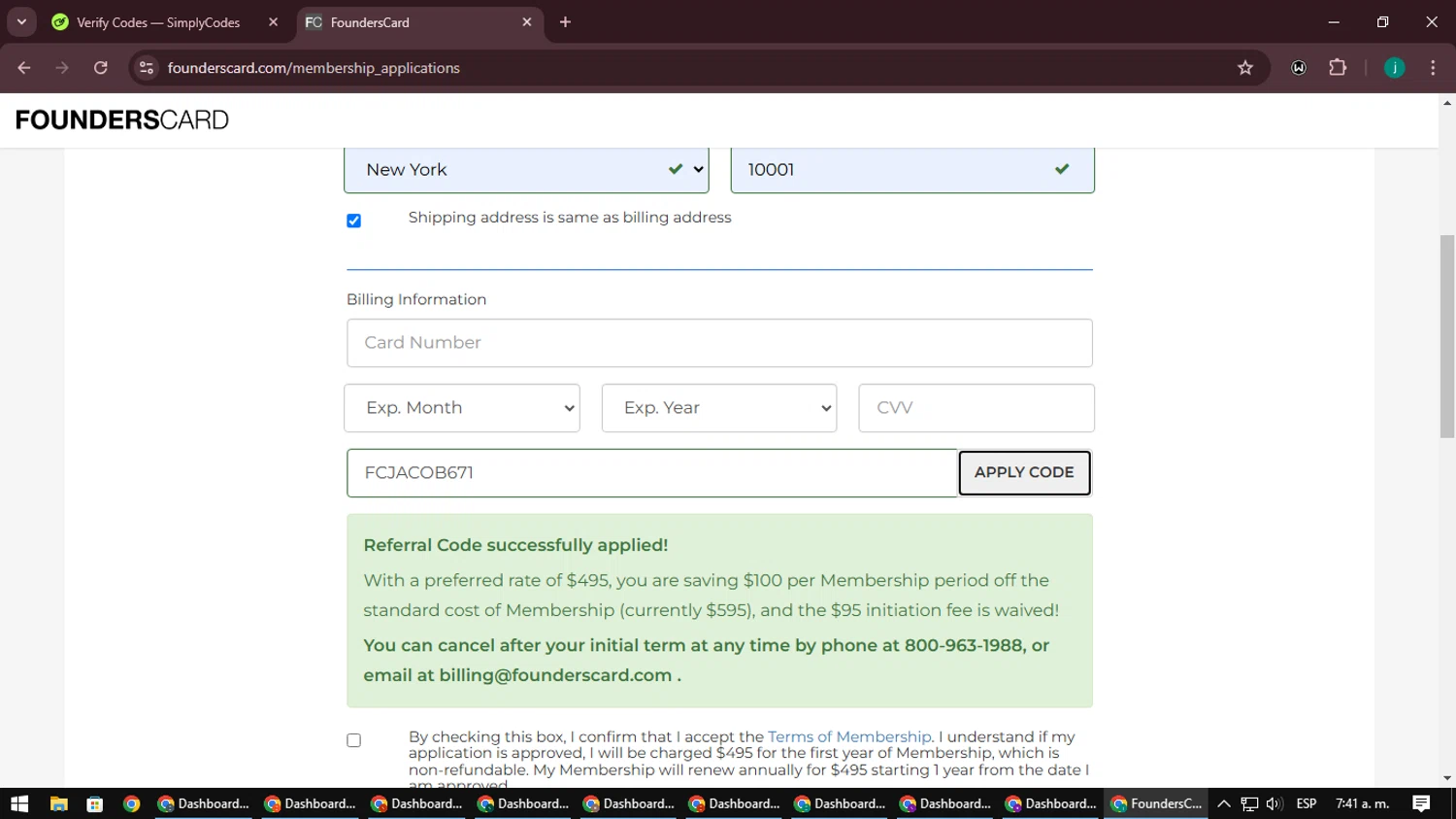 FoundersCard promo code screenshot showing code FCJACOB671 applied at FoundersCard checkout page. Uploaded by SimplyCodes community member BargainPilot6282 on Jan 22, 2025