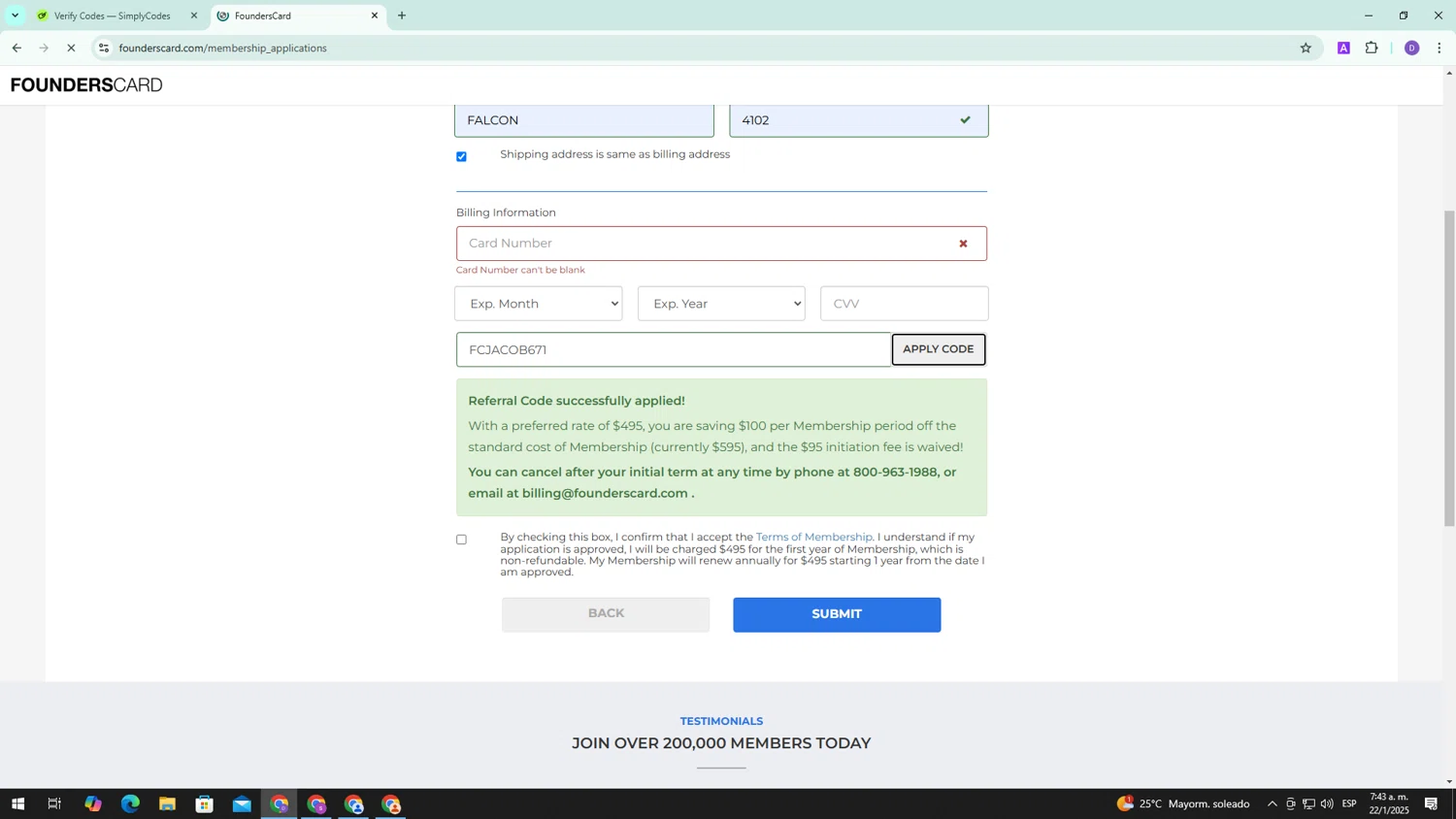 FoundersCard promo code screenshot showing code FCJACOB671 applied at FoundersCard checkout page. Uploaded by SimplyCodes community member CleverAce1233 on Jan 22, 2025