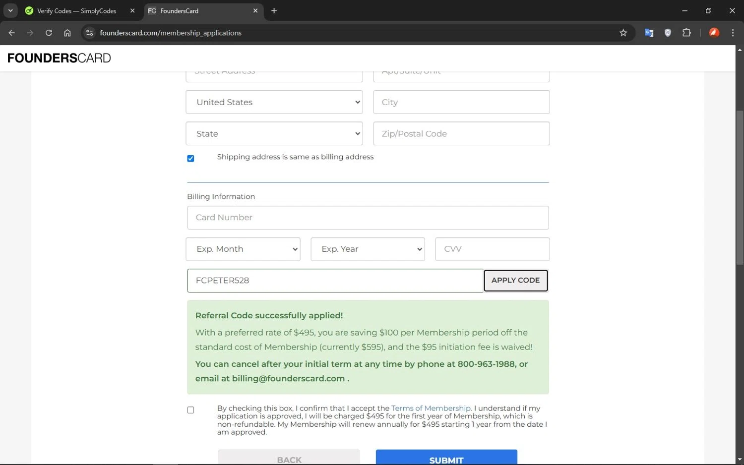 FoundersCard promo code screenshot showing code FCPETER528 applied at FoundersCard checkout page. Uploaded by SimplyCodes community member VoucherShopper1452 on Jan 23, 2025