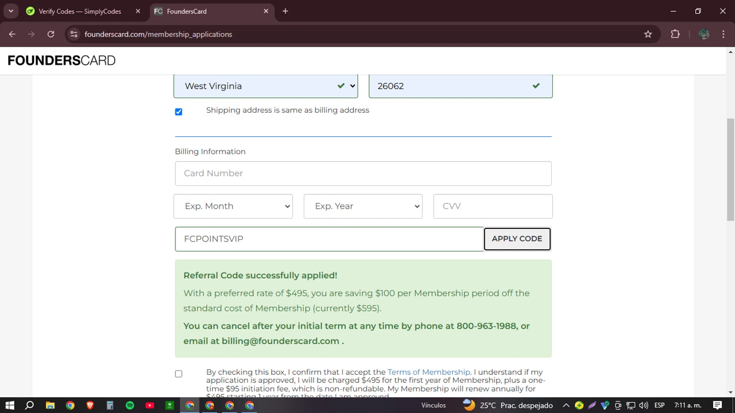FoundersCard checkout page showing FoundersCard promo code box | Screenshot taken by SimplyCodes community member on Jan 23, 2025