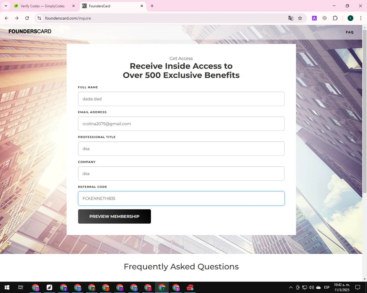 FoundersCard checkout page showing FoundersCard promo code box | Screenshot taken by SimplyCodes community member on Mar 11, 2025
