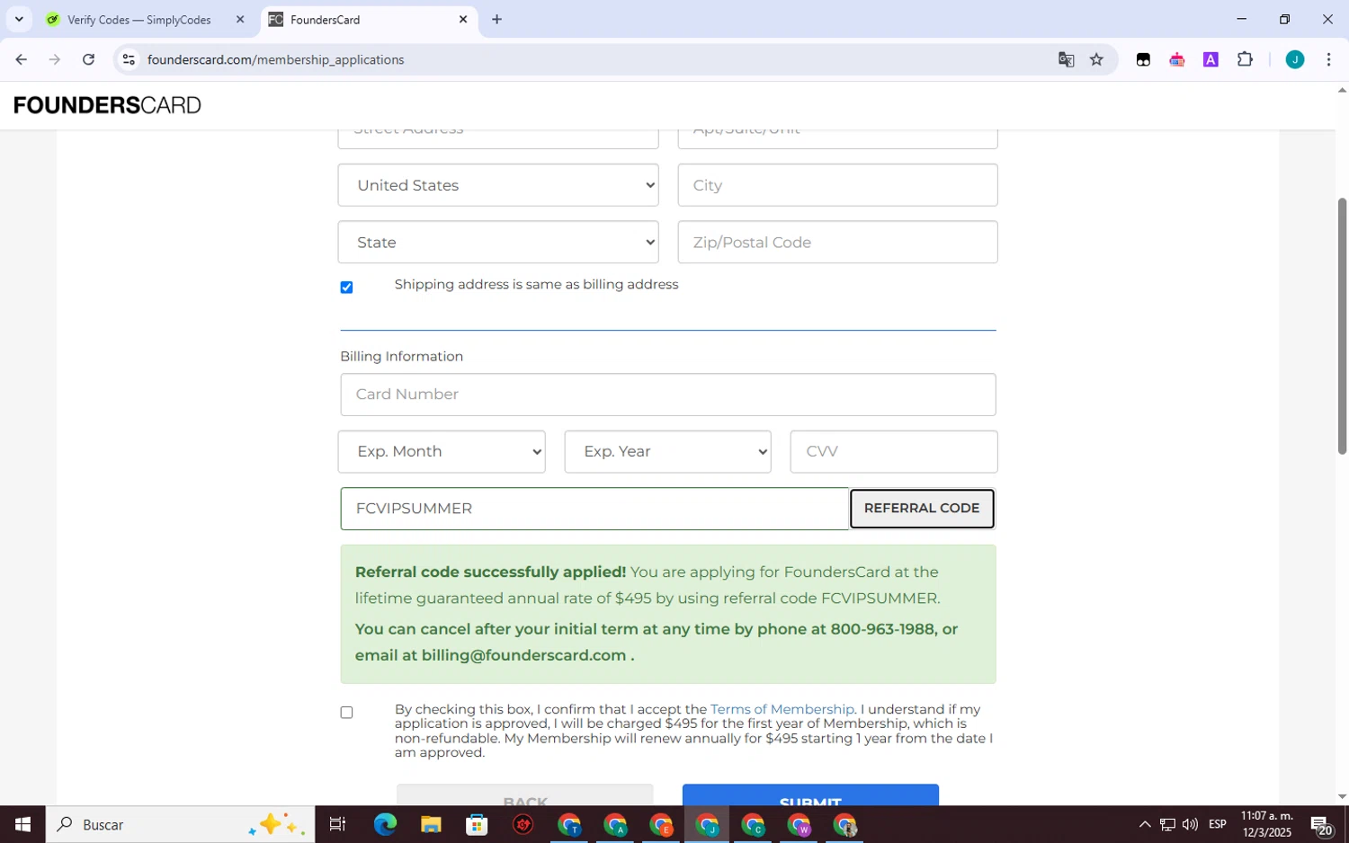 FoundersCard checkout page showing FoundersCard promo code box | Screenshot taken by SimplyCodes community member on Mar 12, 2025