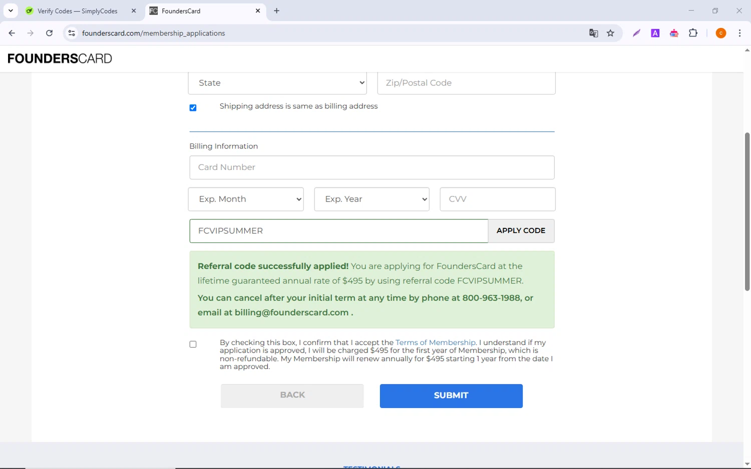 FoundersCard checkout page showing FoundersCard promo code box | Screenshot taken by SimplyCodes community member on Mar 12, 2025