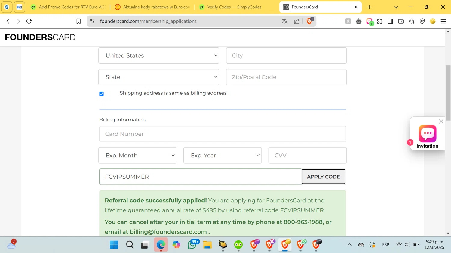 FoundersCard checkout page showing FoundersCard promo code box | Screenshot taken by SimplyCodes community member on Mar 12, 2025