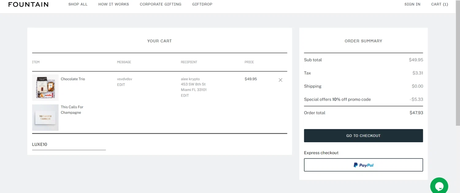 Fountain Gifts checkout page showing Fountain Gifts promo code box | Screenshot taken by SimplyCodes community member on Jun 17, 2023