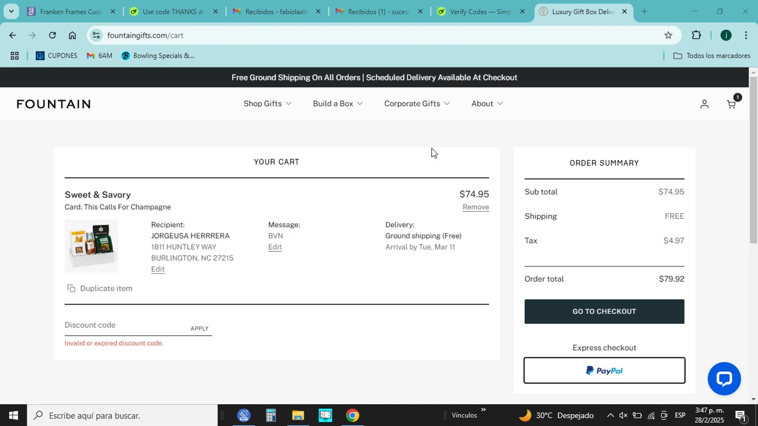 Fountain Gifts promo code screenshot showing code LUXE10 applied at Fountain Gifts checkout page. Uploaded by SimplyCodes community member jorgejavierherrera on Feb 28, 2025