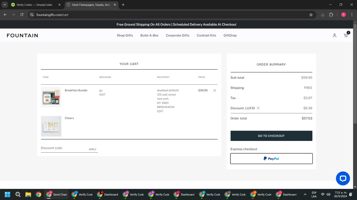 Fountain Gifts checkout page showing Fountain Gifts promo code box | Screenshot taken by SimplyCodes community member on Sep 26, 2024