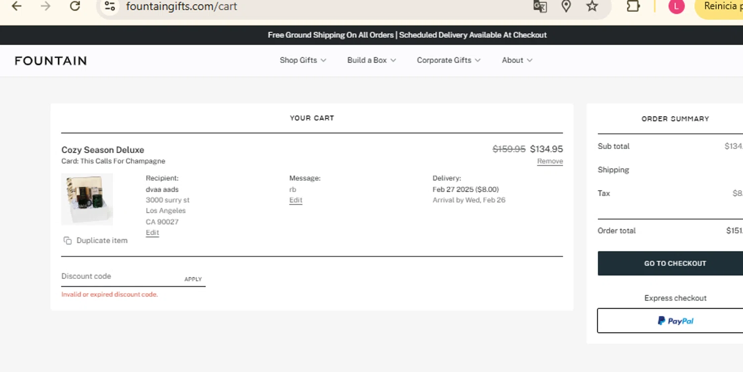 Fountain Gifts promo code screenshot showing code CIRCLES applied at Fountain Gifts checkout page. Uploaded by SimplyCodes community member RewardFinder4836 on Feb 22, 2025