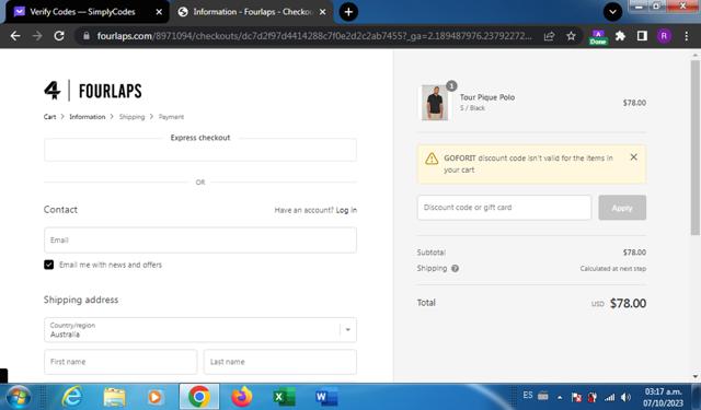 Fourlaps checkout page showing Fourlaps discount code box | Screenshot taken by SimplyCodes community member on Oct 7, 2023