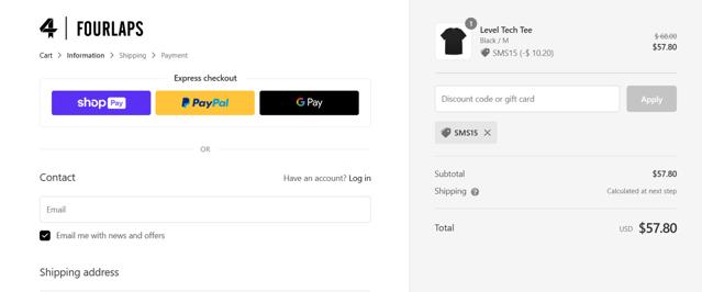 Fourlaps checkout page showing Fourlaps discount code box | Screenshot taken by SimplyCodes community member on Sep 21, 2023