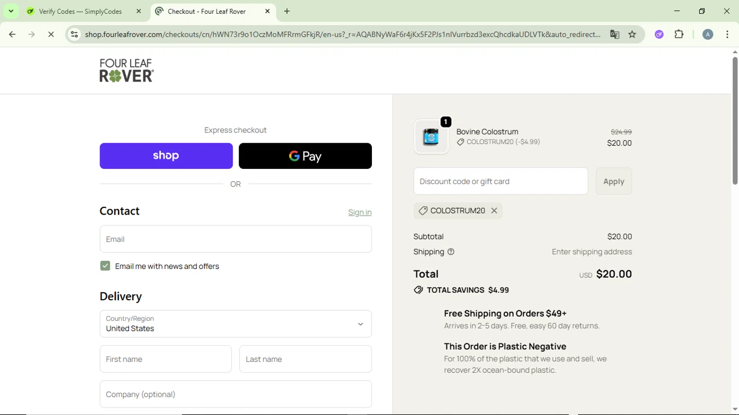 Four Leaf Rover promo code screenshot showing code COLOSTRUM20 applied at Four Leaf Rover checkout page. Uploaded by SimplyCodes community member DiscountVirtuoso6243 on Dec 31, 2025