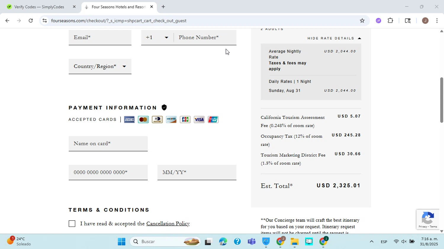 Four Seasons Hotels and Resorts promo code screenshot showing code STANFOR applied at Four Seasons Hotels and Resorts checkout page. Uploaded by SimplyCodes community member ABHF23 on Aug 31, 2025