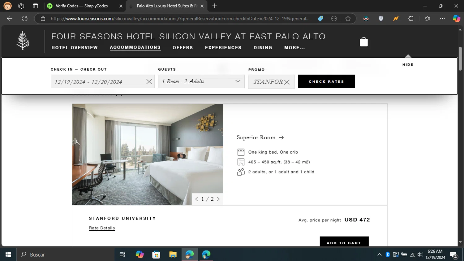 Four Seasons Hotels and Resorts checkout page showing Four Seasons Hotels and Resorts promo code box | Screenshot taken by SimplyCodes community member on Dec 19, 2024