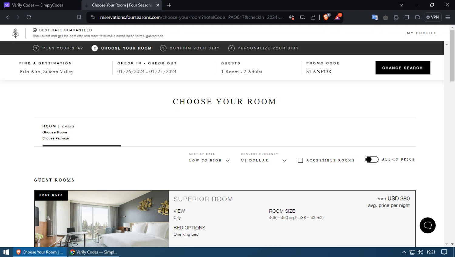 Four Seasons Hotels and Resorts checkout page showing Four Seasons Hotels and Resorts promo code box | Screenshot taken by SimplyCodes community member on Jan 26, 2024